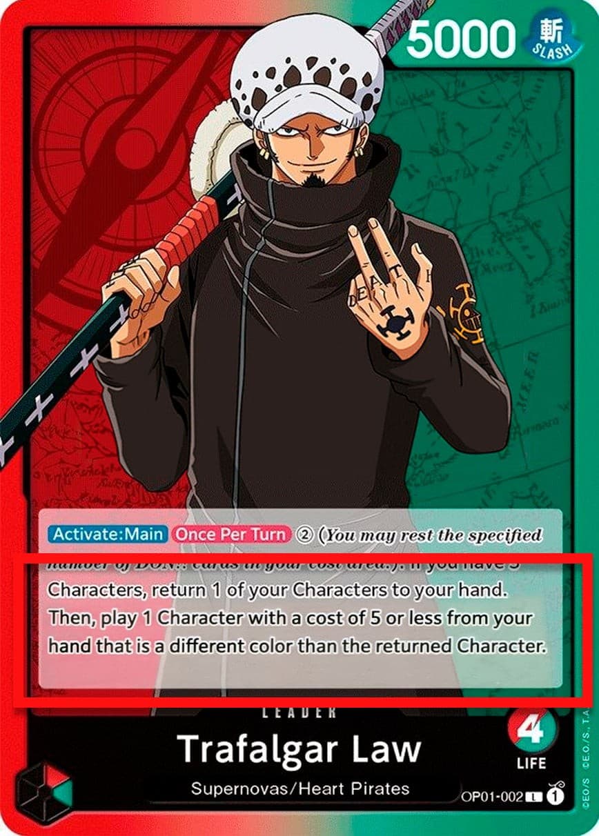 Trafalgar Law (Alpha Pre-Errata Card | "to your hand. Then, play 1")
