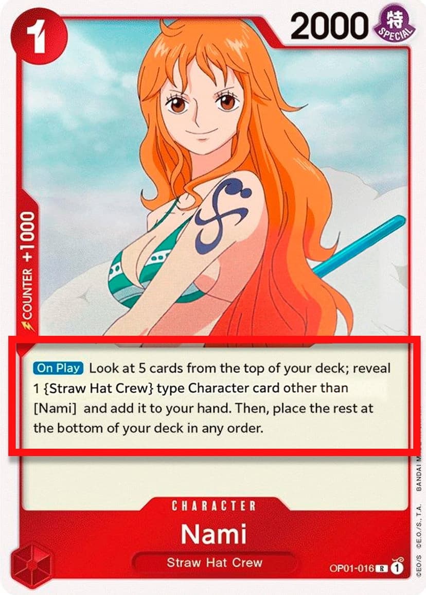 Nami (Alpha Pre-Errata Card | "reveal 1 {Straw Hat Crew} type Character [...]")