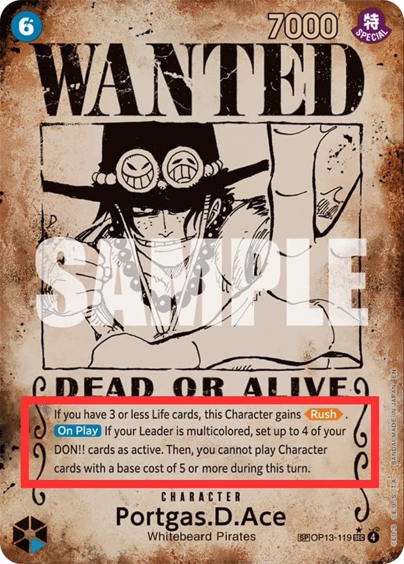 Portgas D. Ace (Pre-Errata Card | "[On Play] If you Leader is multicolored..." wrong text)