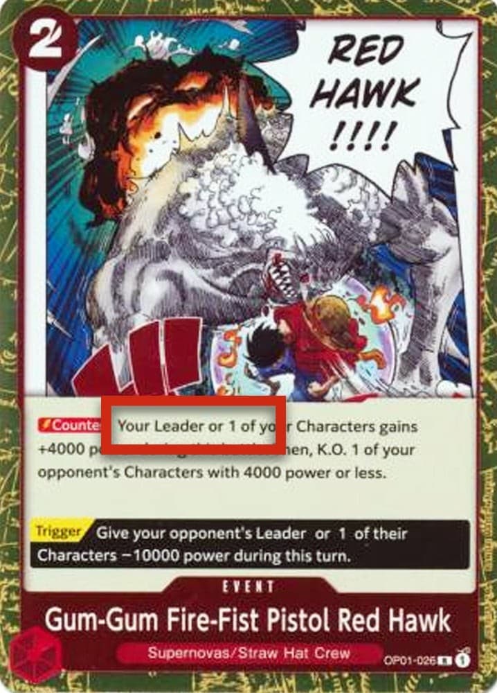 Gum-Gum Fire-Fist Pistol Red Hawk (Pre-Errata Card | Missing Text "Up to")